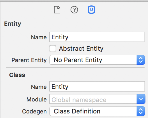 Xcode Core Data code gen menu